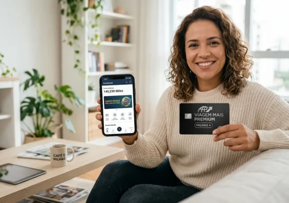 Mulher sorrindo com celular e cartão de crédito representando acúmulo de milhas sem viajar