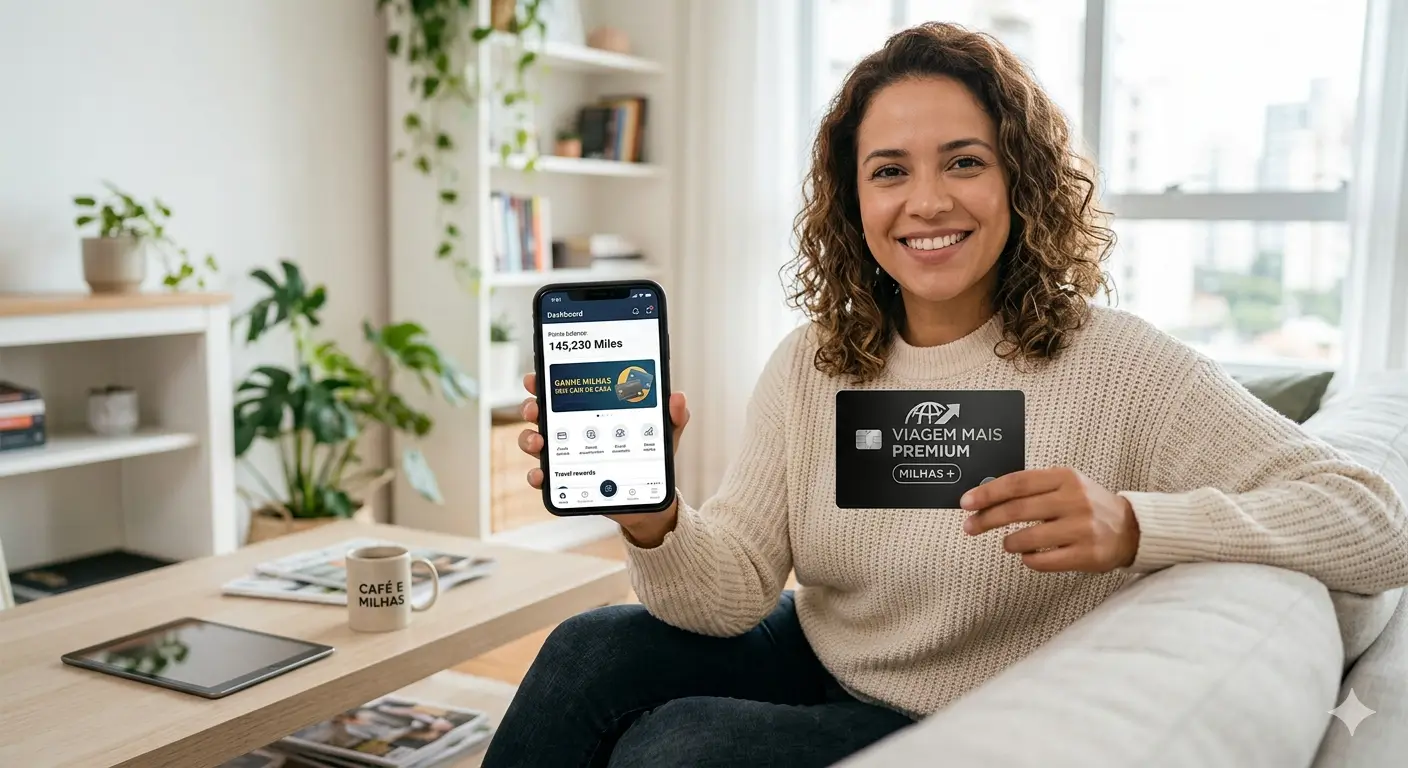 Mulher sorrindo com celular e cartão de crédito representando acúmulo de milhas sem viajar