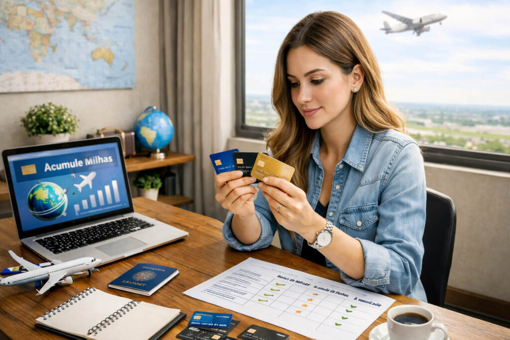 Mulher analisando cartões de crédito para escolher o melhor para acumular milhas