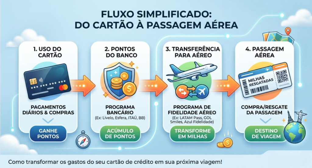 Diagrama simplificado mostrando o fluxo: cartão → programa bancário → programa aéreo → passagem