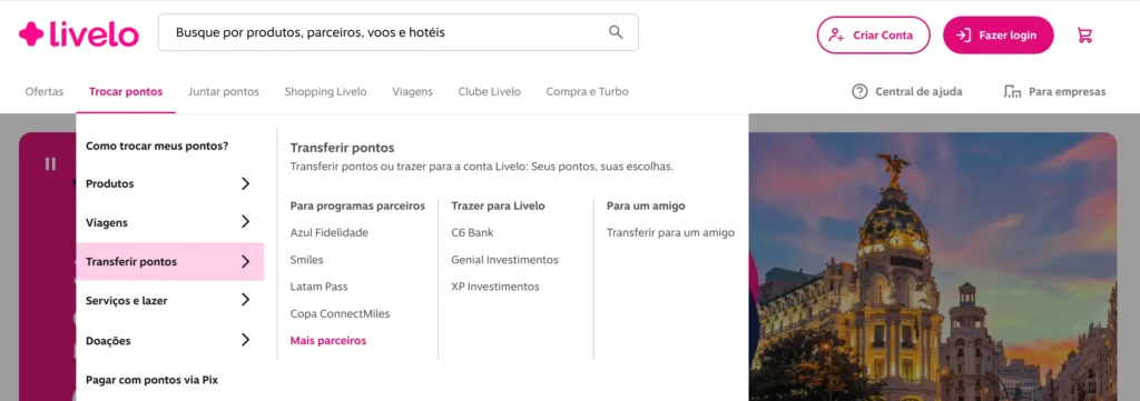 Tela do site Livelo mostrando opções de transferência de pontos para milhas Smiles