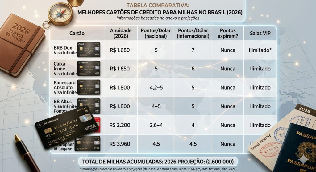 Tabela comparativa dos melhores cartões de crédito para milhas no Brasil em 2026