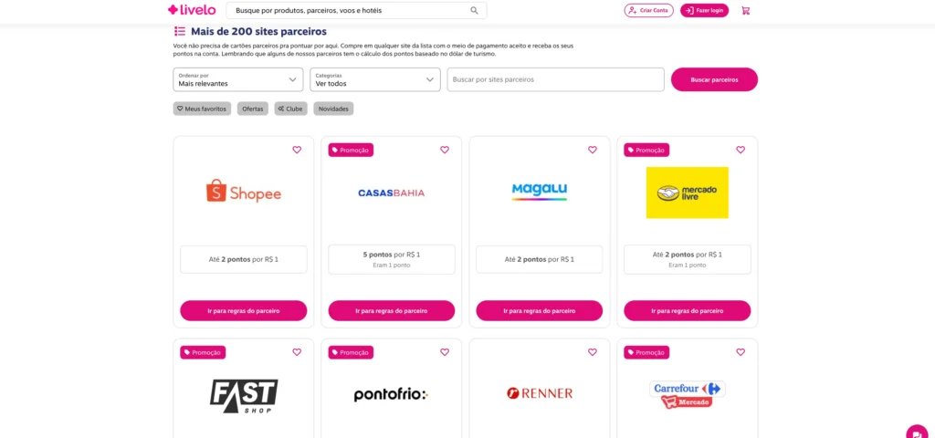 Tela do portal de compras bonificadas da Livelo mostrando lojas parceiras