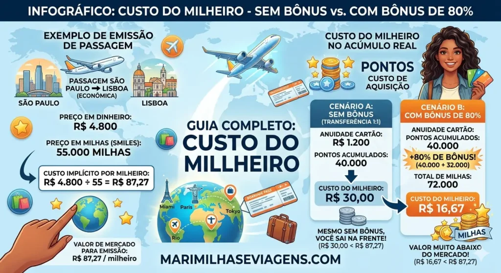 Infográfico comparando custo por milheiro na transferência com bônus e sem bônus