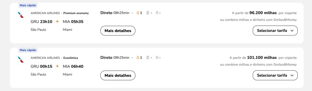 Tela de emissão Smiles mostrando voo GRU-MIA pela American Airlines