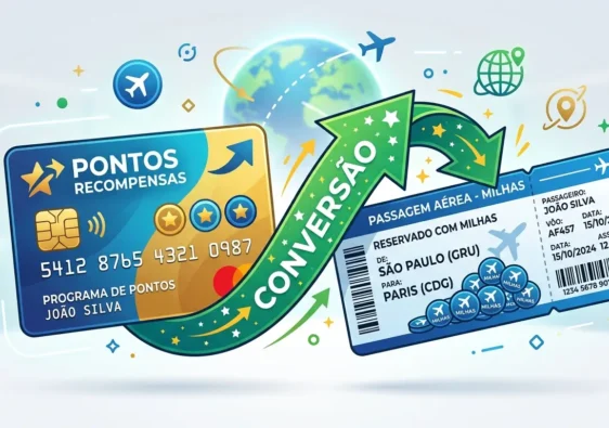 milhas.jpgIlustração de cartão de crédito com seta apontando para passagem aérea, representando a conversão de pontos em milhas