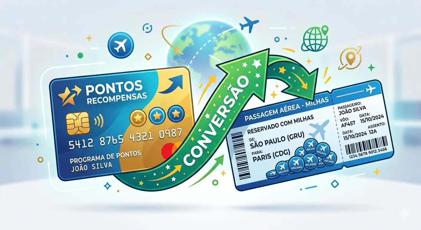 milhas.jpgIlustração de cartão de crédito com seta apontando para passagem aérea, representando a conversão de pontos em milhas