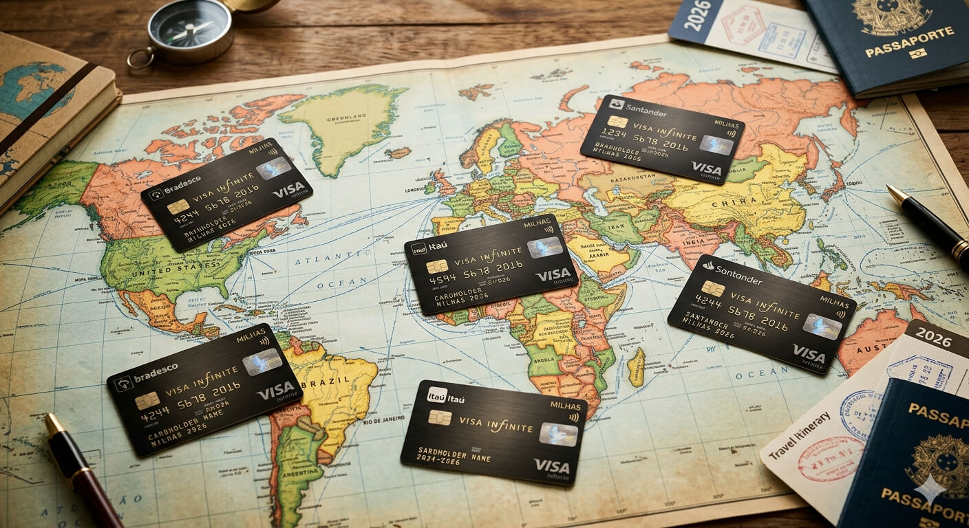 Cartões de crédito Visa Infinite espalhados sobre mapa mundi representando acúmulo de milhas 2026