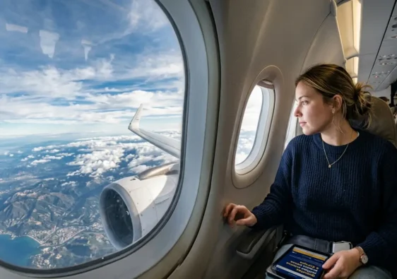Passageira olhando janela de avião com céu da Europa ao fundo — quantas milhas preciso para voar à Europa