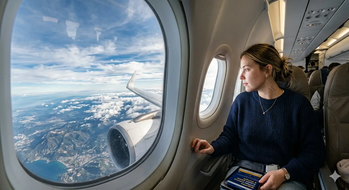 Passageira olhando janela de avião com céu da Europa ao fundo — quantas milhas preciso para voar à Europa