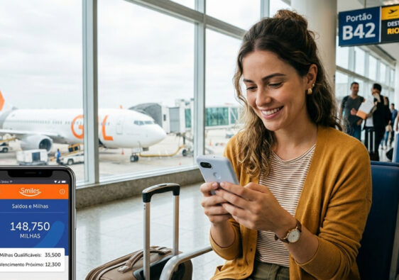 Pessoa olhando para o saldo de milhas no celular com passagem no fundo