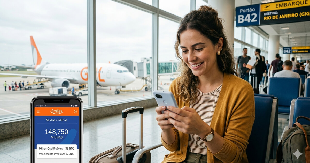 Pessoa olhando para o saldo de milhas no celular com passagem no fundo
