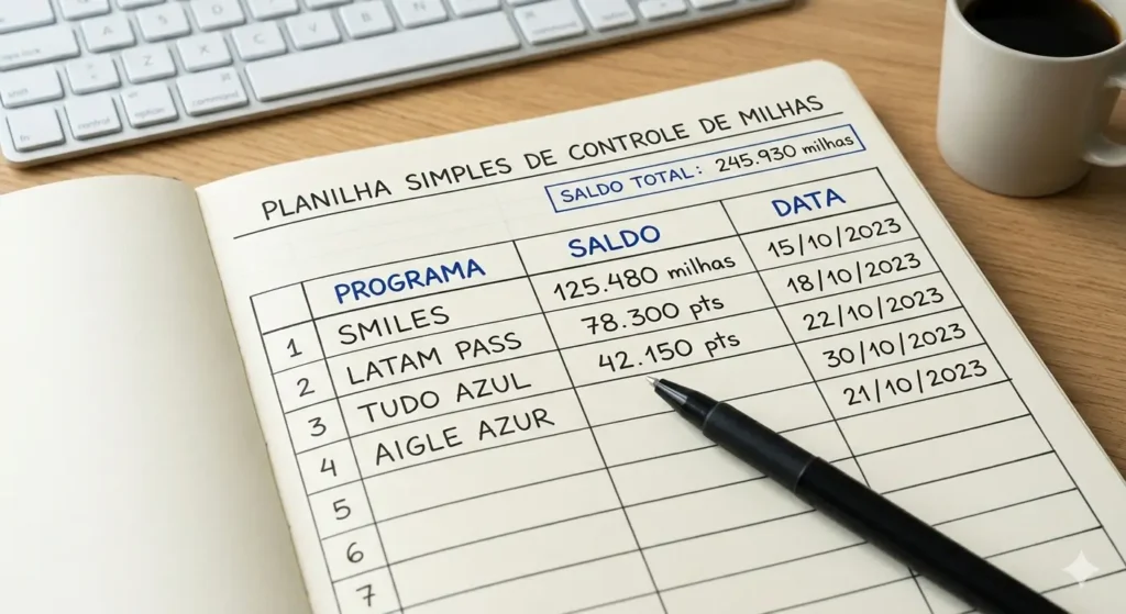 Planilha simples de controle de milhas com campos de programa, saldo e data
