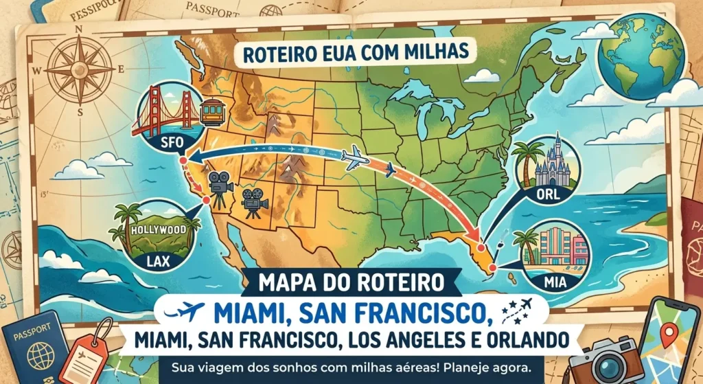 Mapa do roteiro Miami, San Francisco, Los Angeles e Orlando feito com milhas