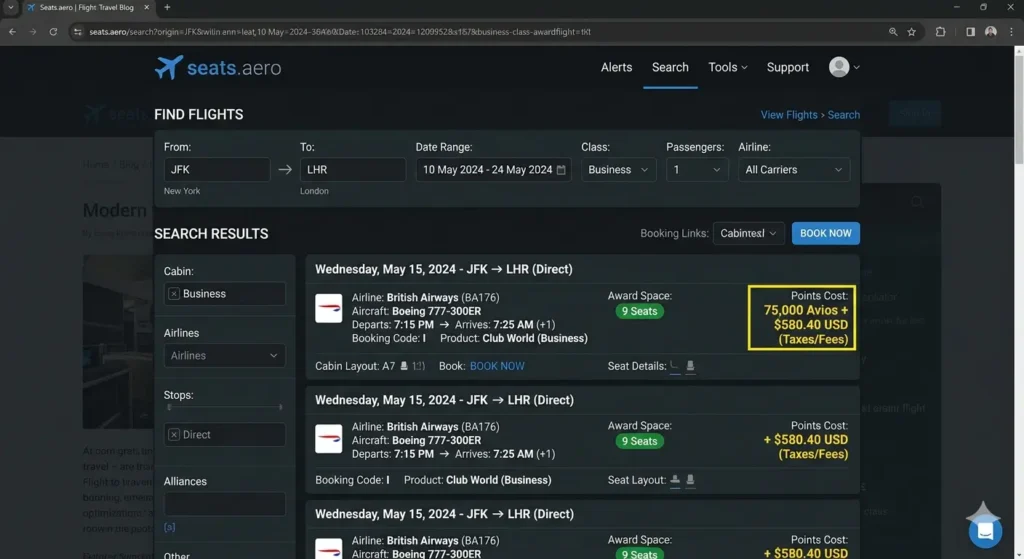 Interface do Seats.aero com busca de voo award em classe executiva