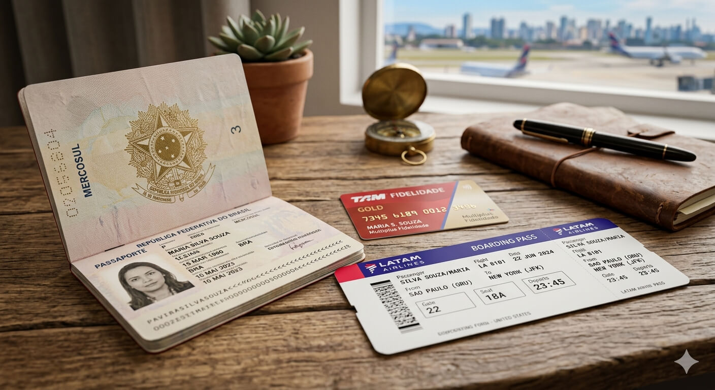Passaporte brasileiro aberto ao lado de cartão de milhas e bilhete para os EUA