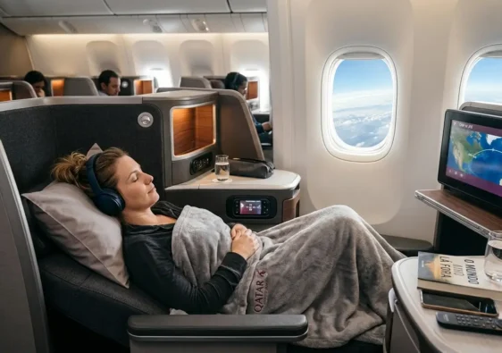 Poltrona de classe executiva reclinada em voo internacional