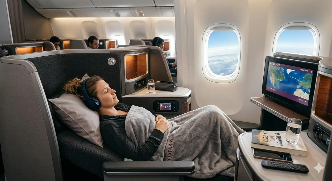 Poltrona de classe executiva reclinada em voo internacional